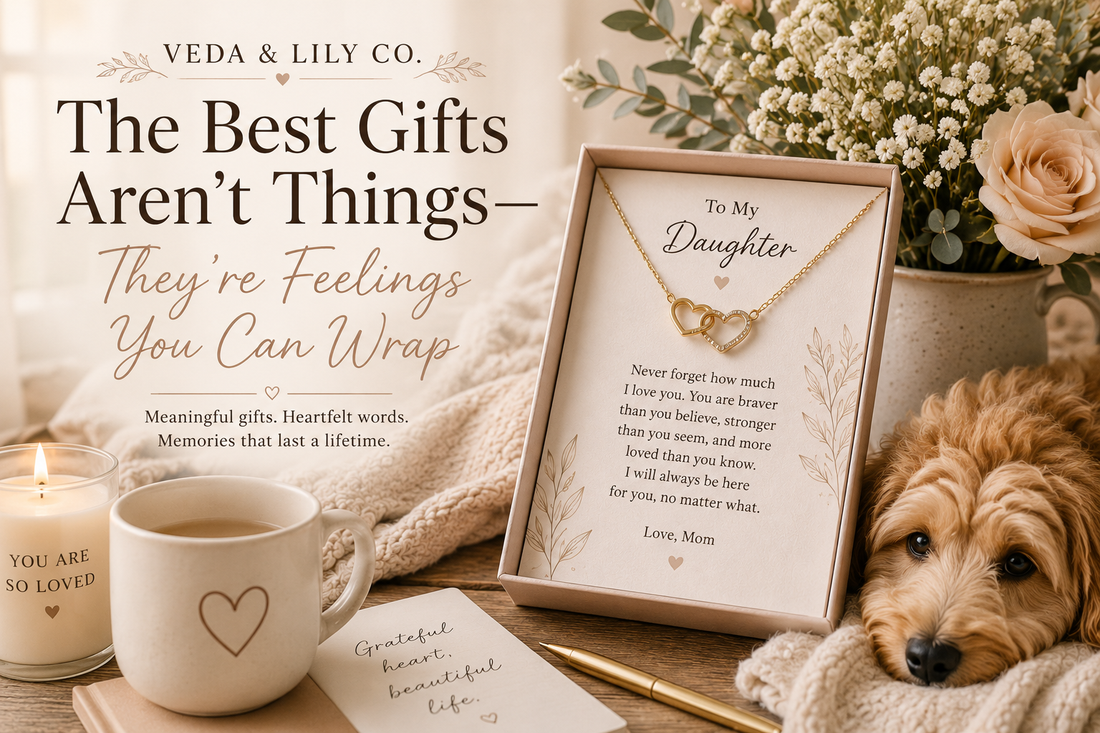 Meaningful personalized gift for daughter with message card necklace by Veda & Lily Co